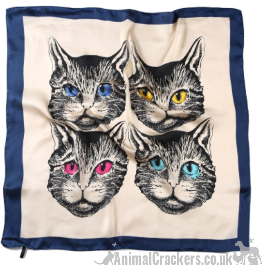 Striking Cat Face print lightweight silk mix scarf headscarf neckerchief, great Cat lover gift