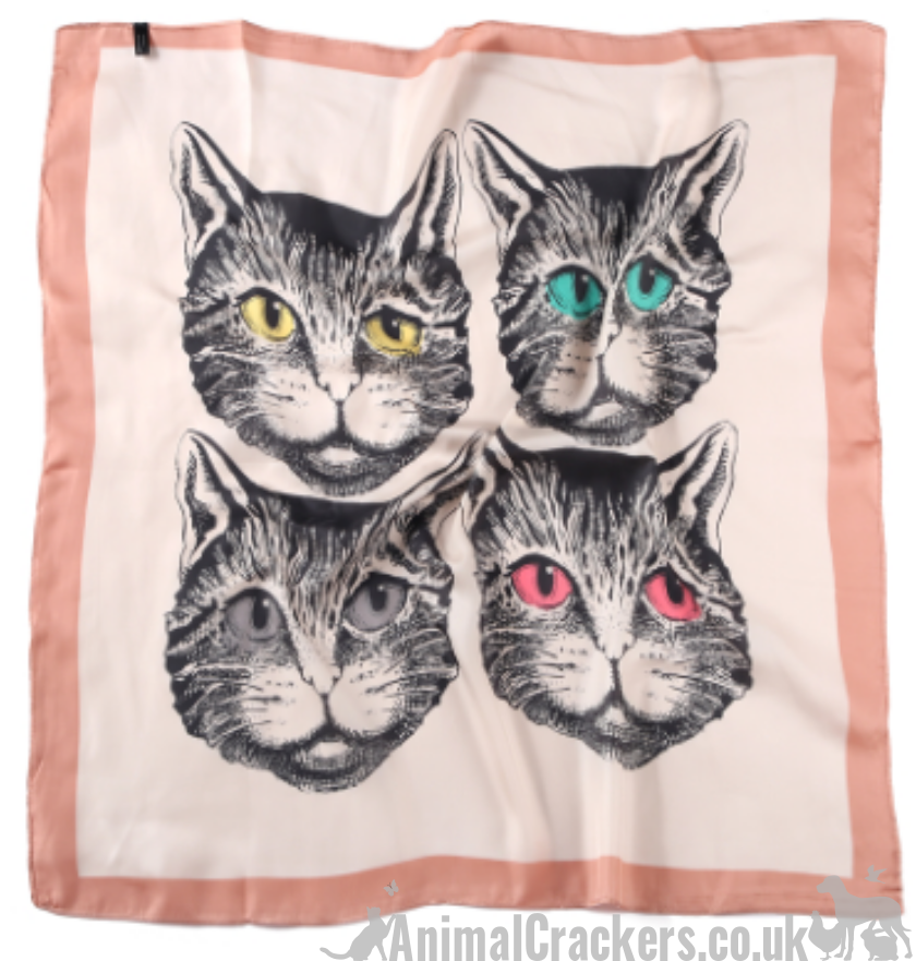 Striking Cat Face print lightweight silk mix scarf headscarf neckerchief, great Cat lover gift