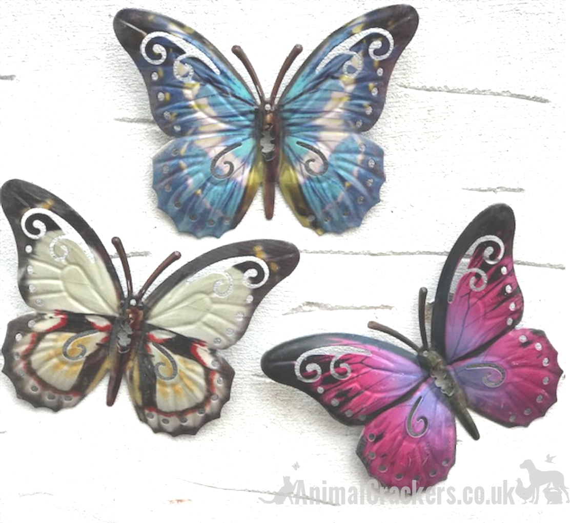 Set of 3 16cm pink blue white coloured metal Butterfly garden decoration wall art