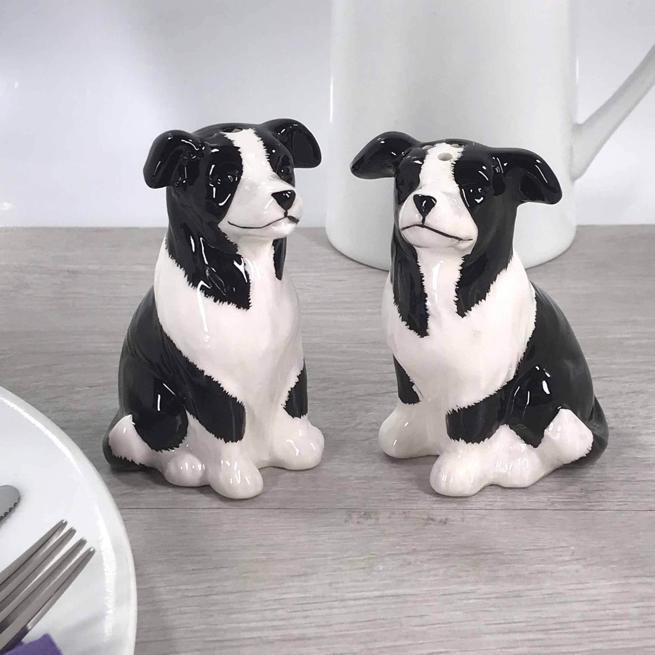 Border Collie design ceramic Salt & Pepper cruet set by Lesser & Pavey, boxed