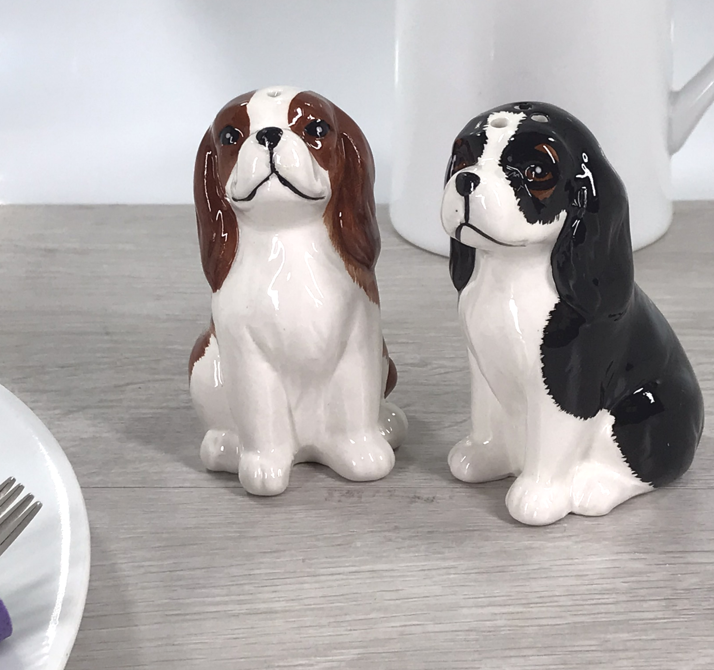 Cavalier King Charles Spaniel design ceramic Salt & Pepper cruet set by Lesser & Pavey, boxed