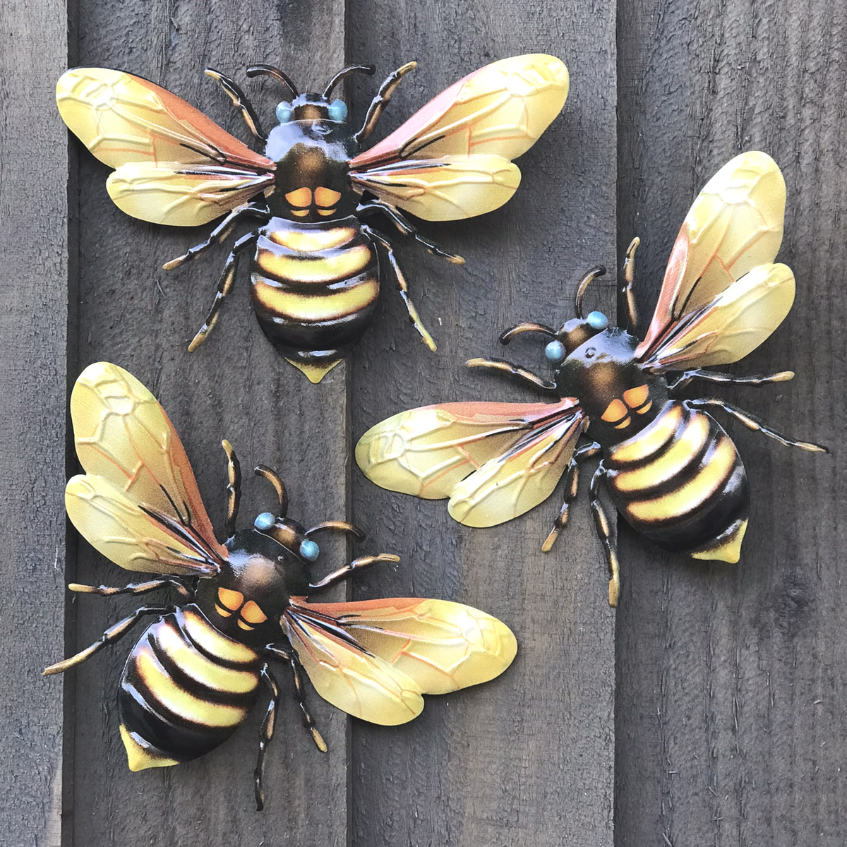 3 x YELLOW 18cm Metal Bees, bright colour garden decoration novelty  Bee lover gift