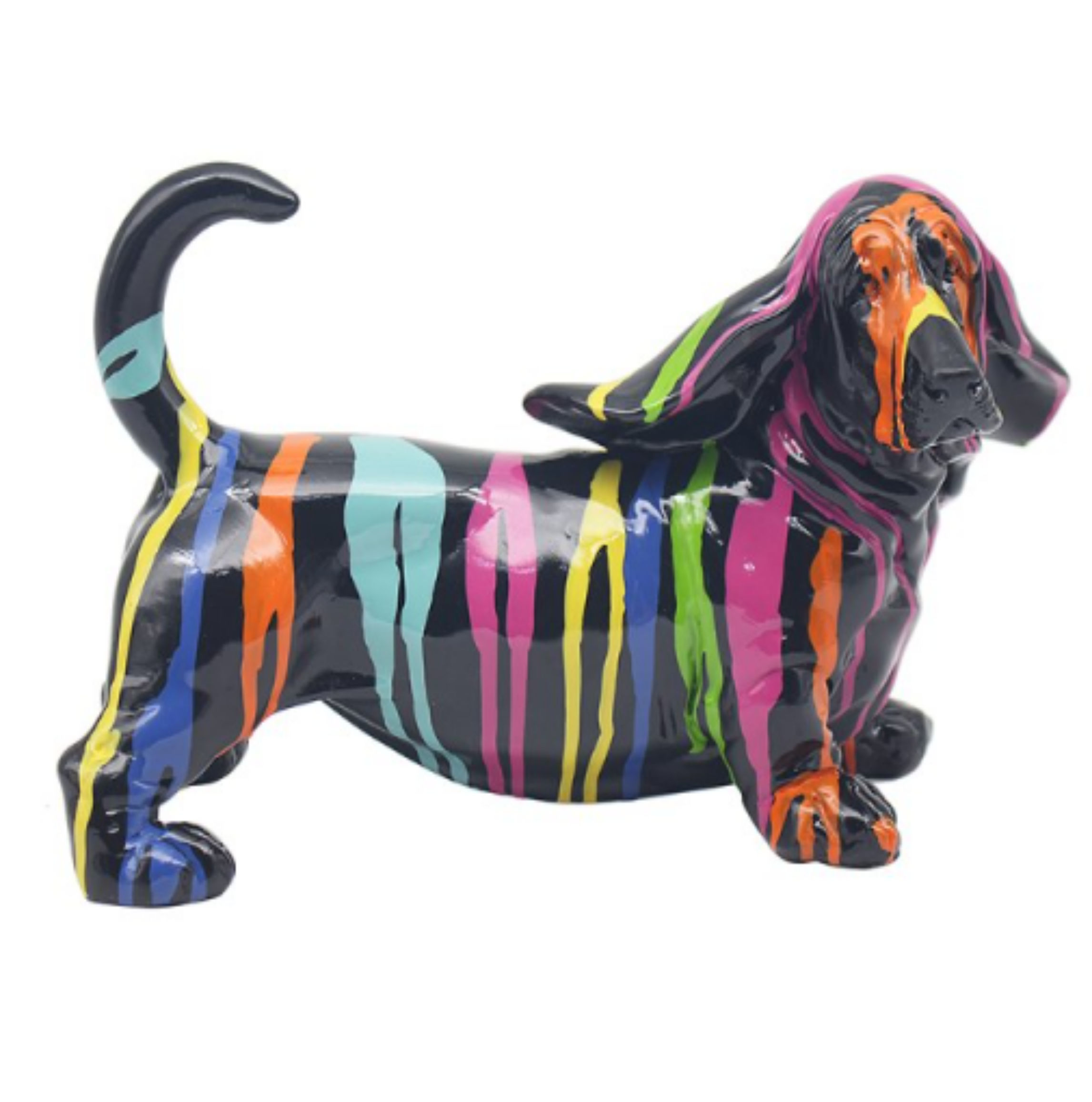 Drip Art Basset Hound standing figurine, bright coloured glossy finish, gift boxed, 28cm