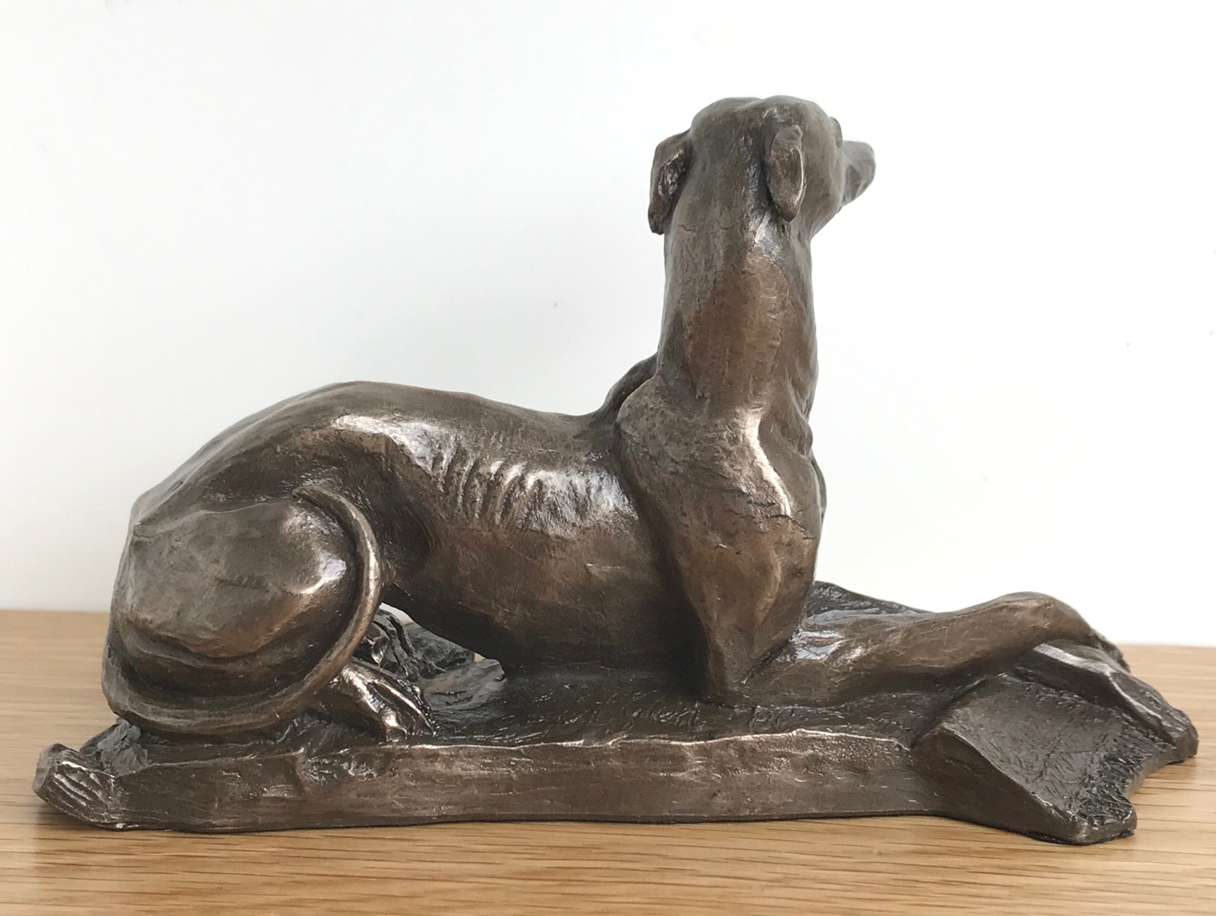 Laying Greyhound sculpture by Harriet Glen, in quality Cold Cast Bronze