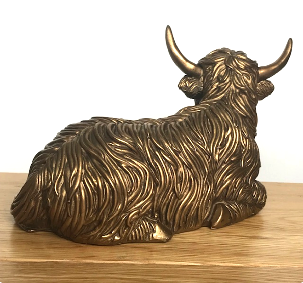 Laying Highland Cow Mother & Calf ornament figurine from the Leonardo Reflections Bronzed range
