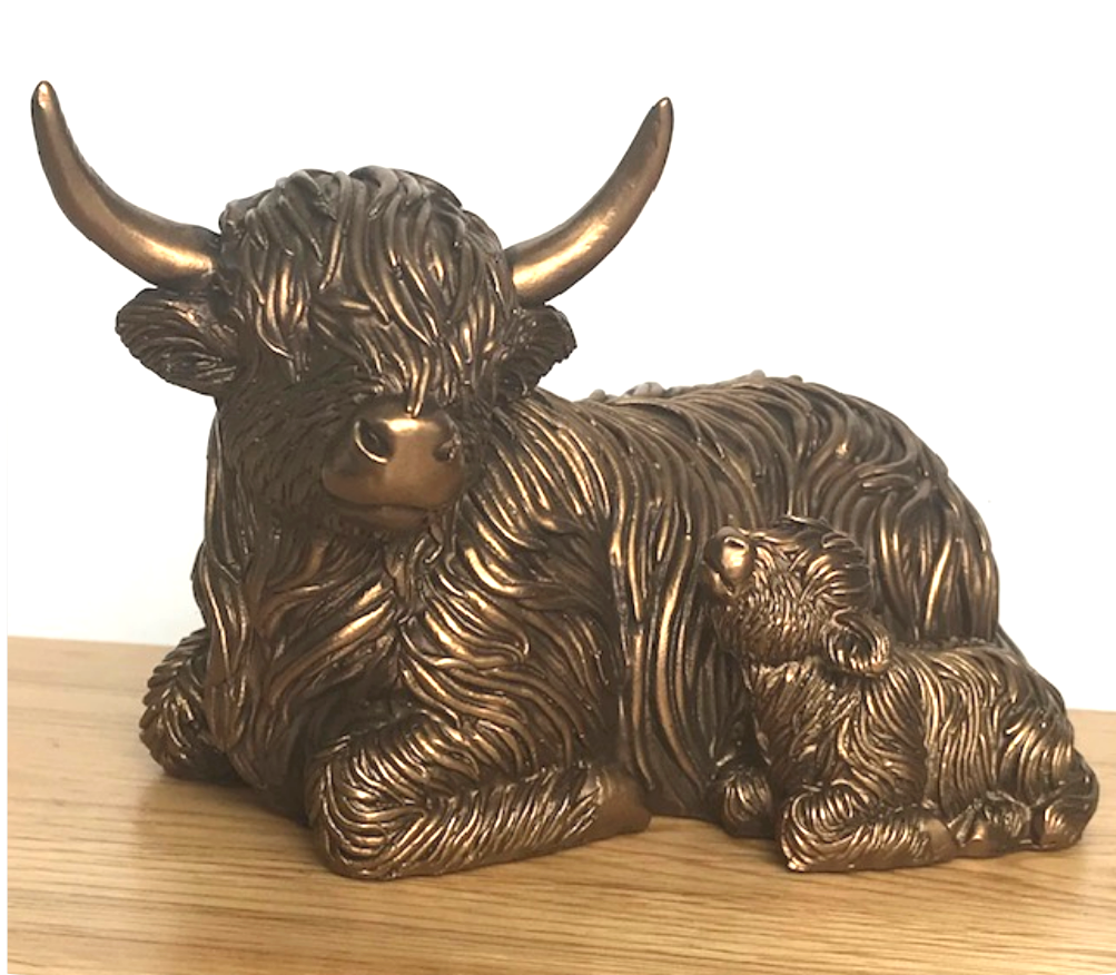 Laying Highland Cow Mother & Calf ornament figurine from the Leonardo Reflections Bronzed range