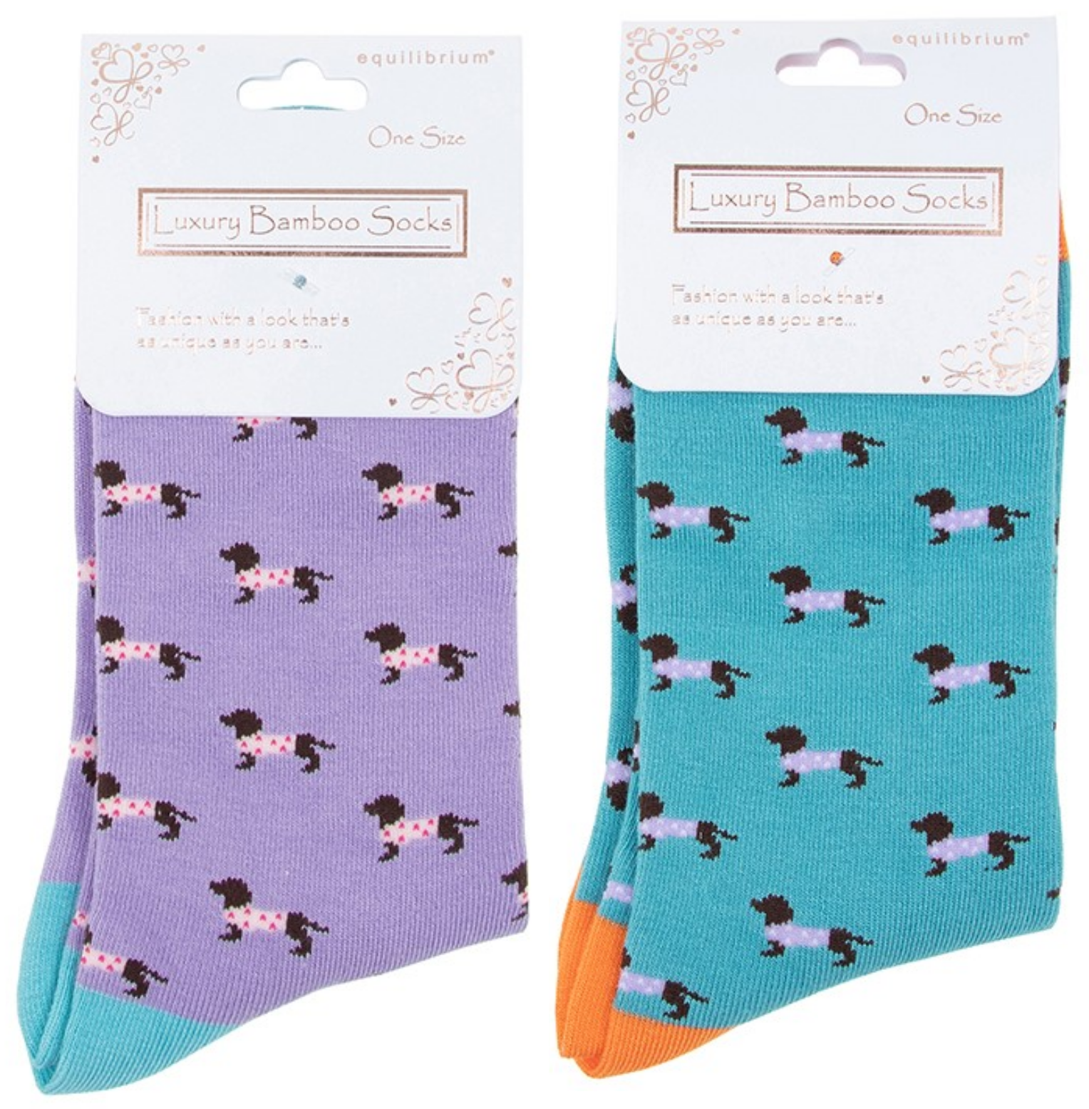 Ladies quality Bamboo 'Pooch' Dachshund in spotty coat design socks in Lilac or Blue