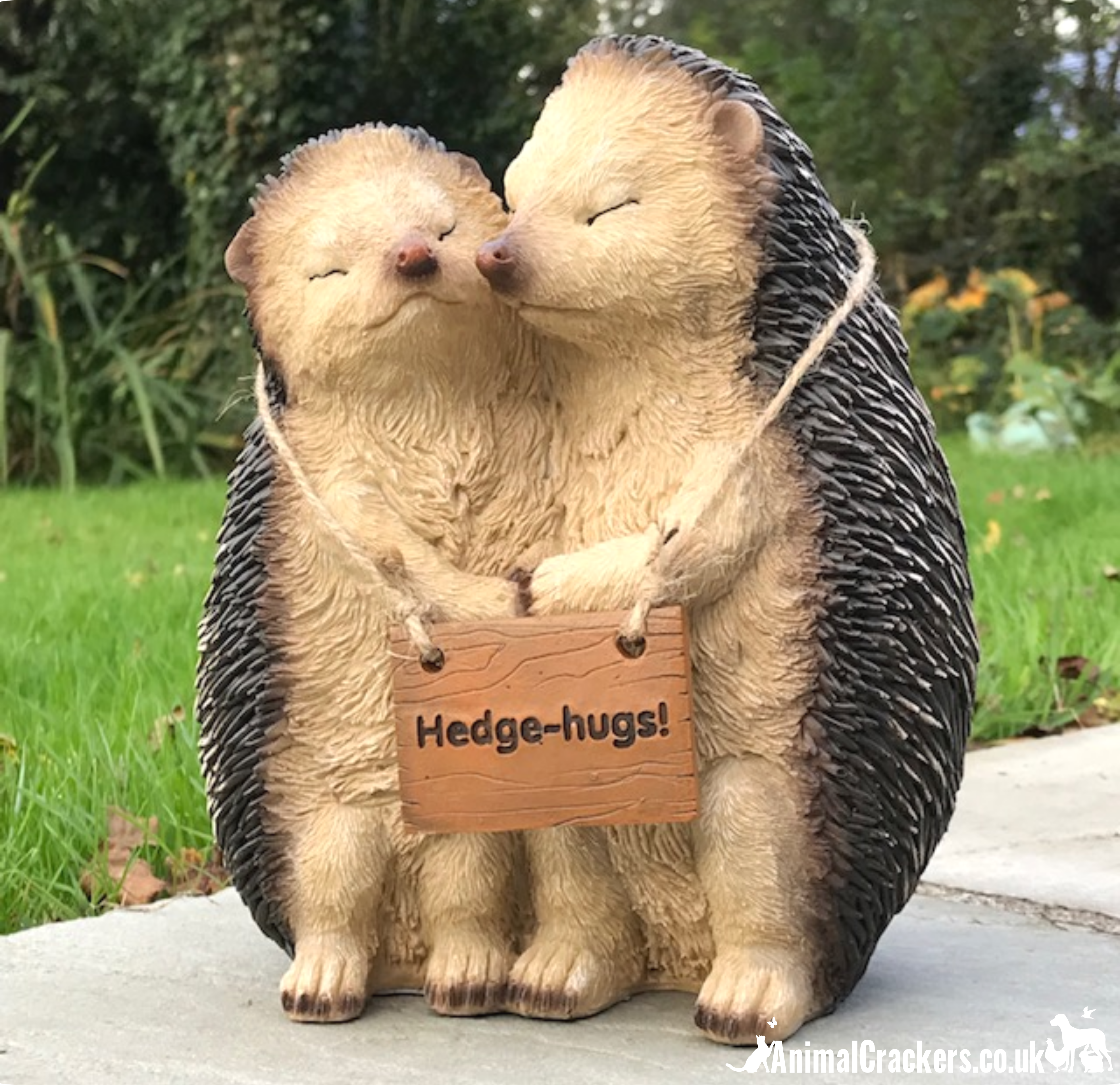 Holly & Harry Hugging Hedgehogs with removable Hedge-Hugs sign garden ornament decoration, novelty Hedgehog lover gift