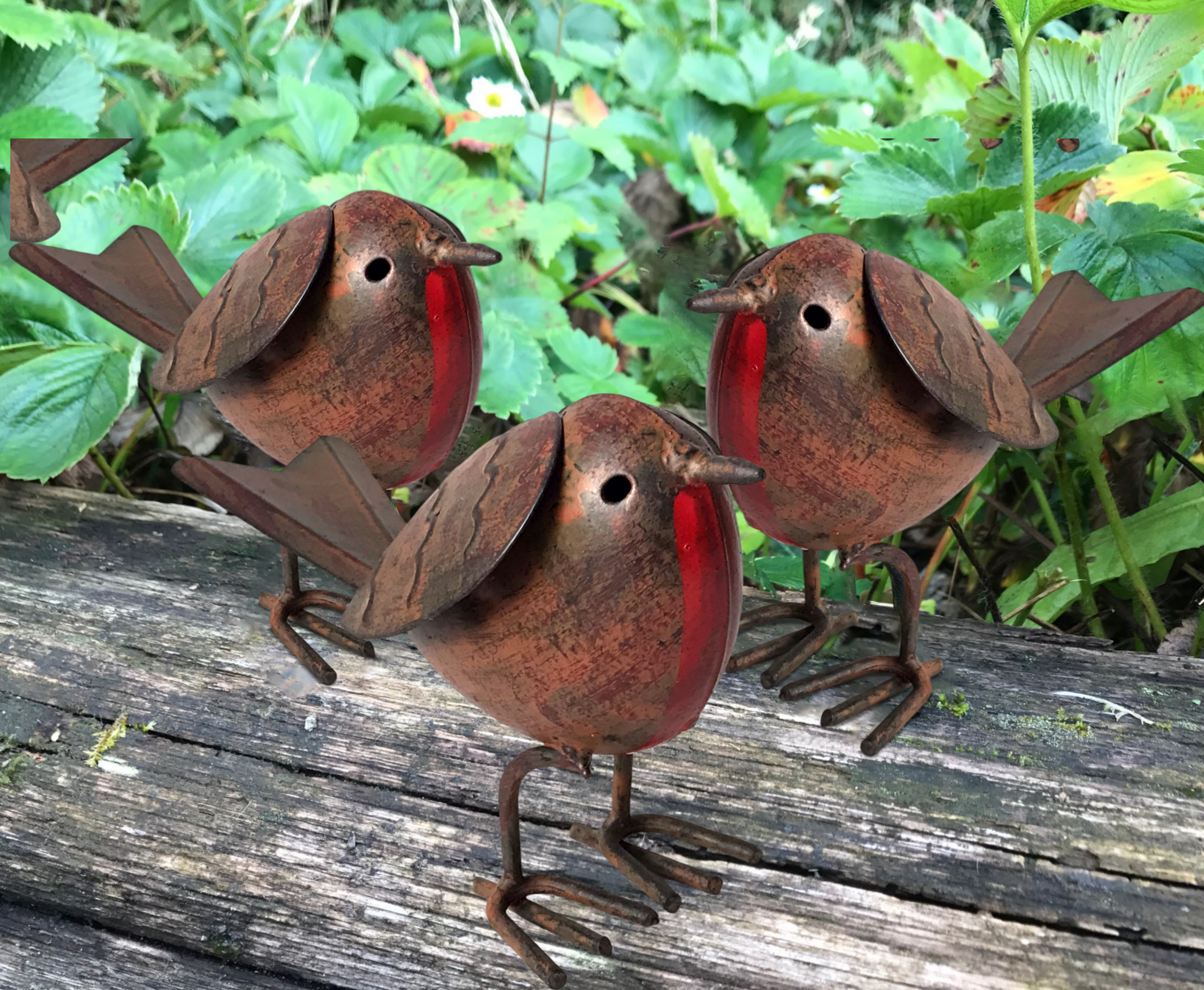 SET OF 3 quirky metal ROBIN garden ornament hand painted, indoor or outdoor decoration