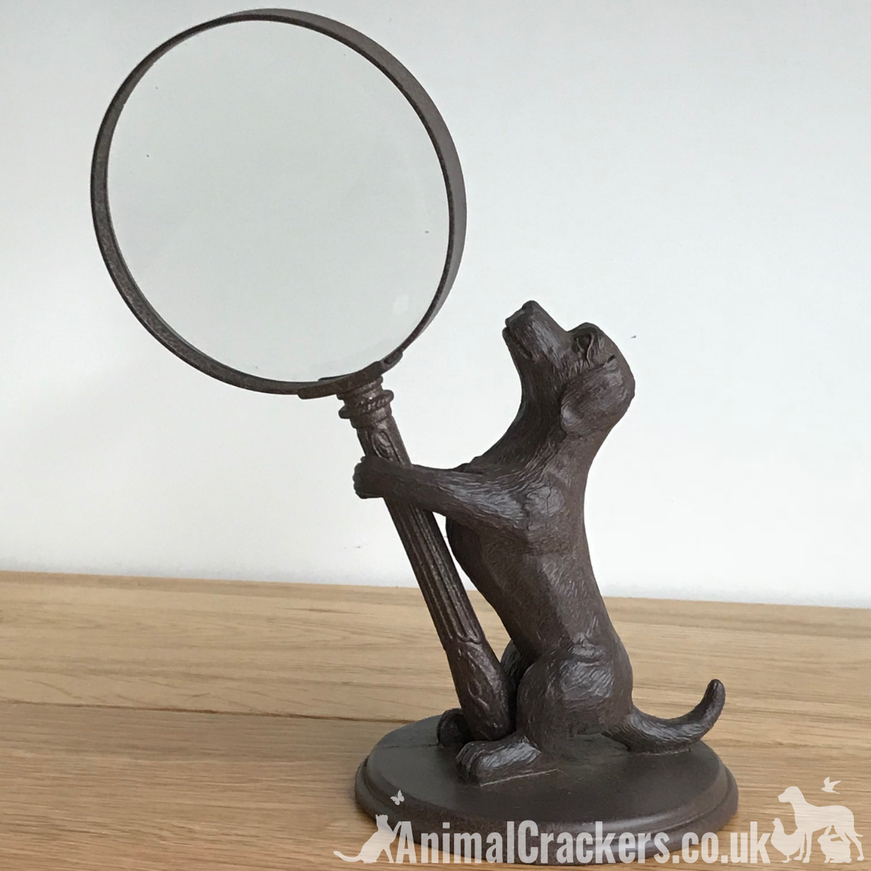 Bronze effect Dog holding magnifying glass ornament sculpture dog lover gift