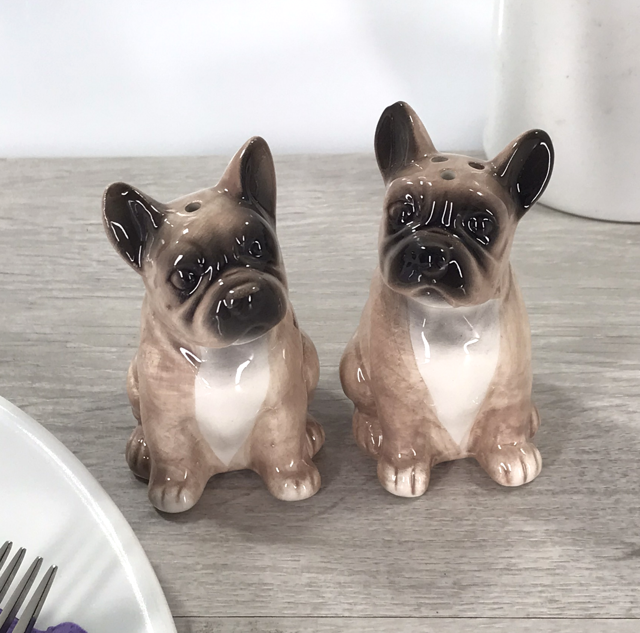 French Bulldog ceramic Salt & Pepper cruet set by Lesser & Pavey, boxed