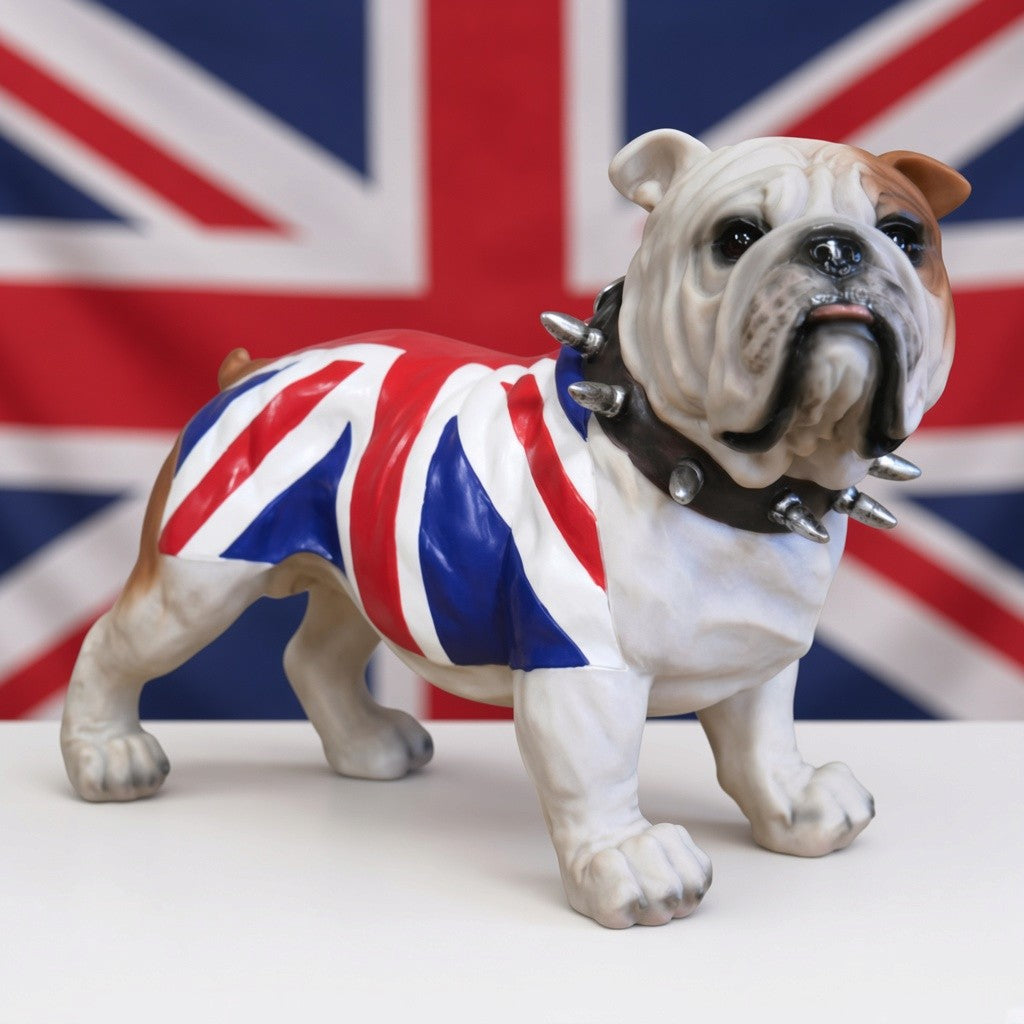 Standing British Bulldog in Union Jack coat figurine, length 29cm