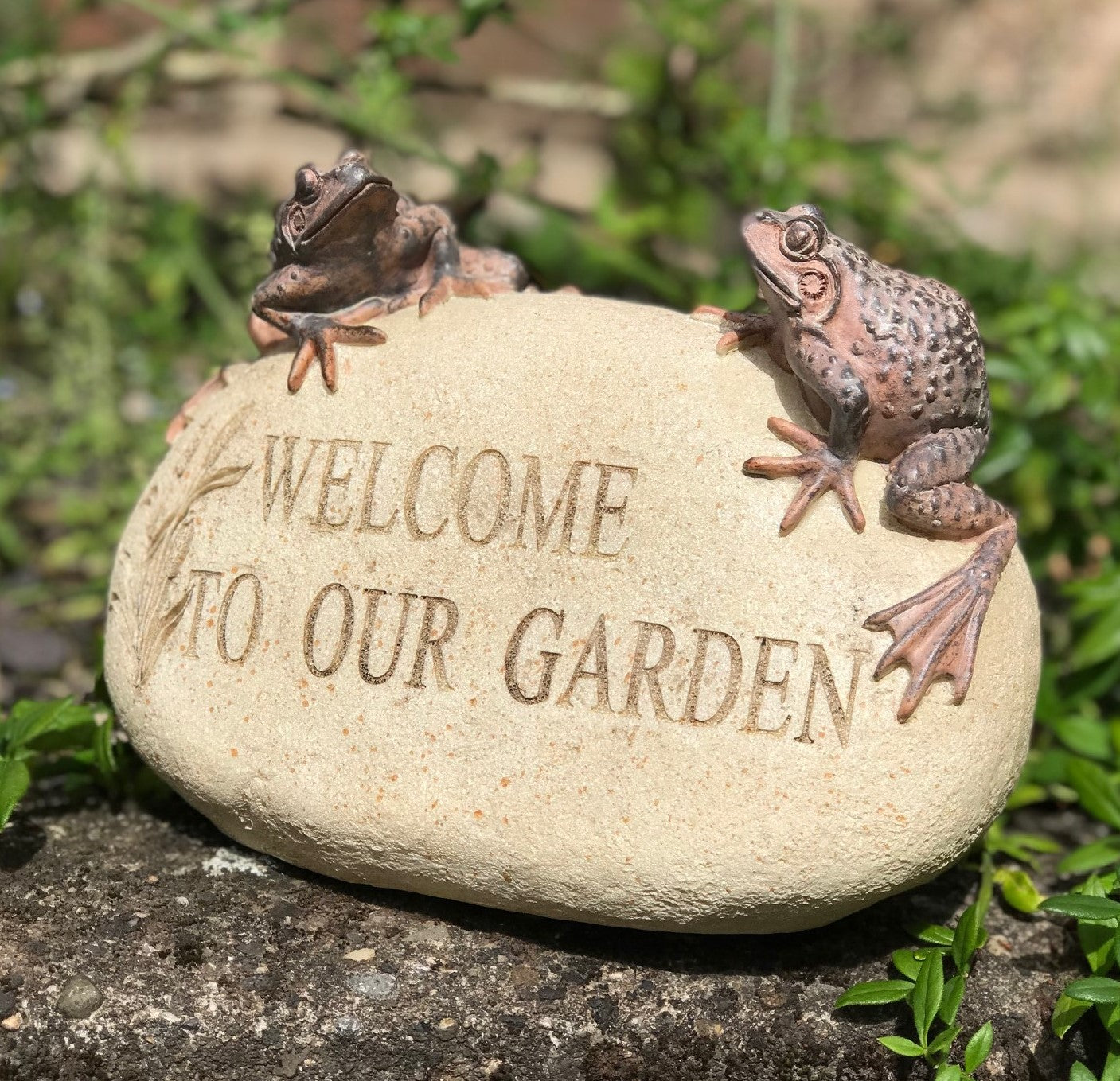 'WELCOME TO OUR GARDEN' stone effect garden or pond ornament, Frog lover gift