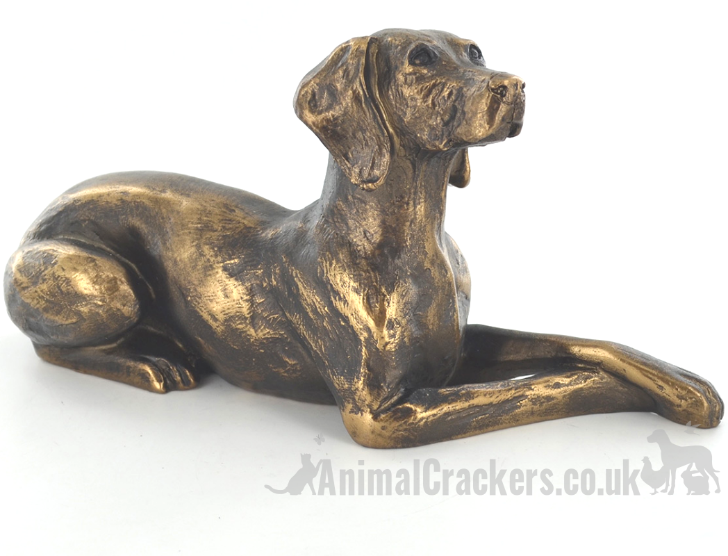 Bronze effect laying Weimaraner ornament, figurine designed by Harriet Glen, 23cm