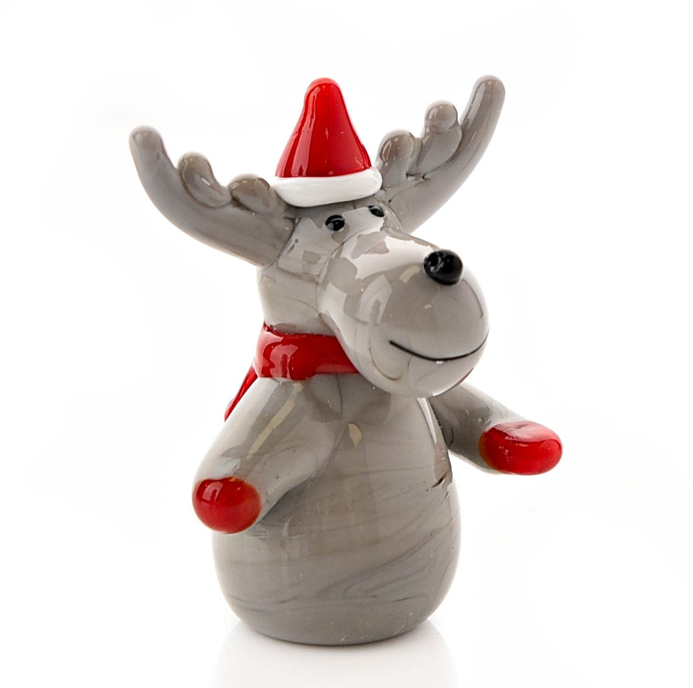 Objets D'Art Reindeer in Christmas Hat & Scarf, solid glass ornament collectable