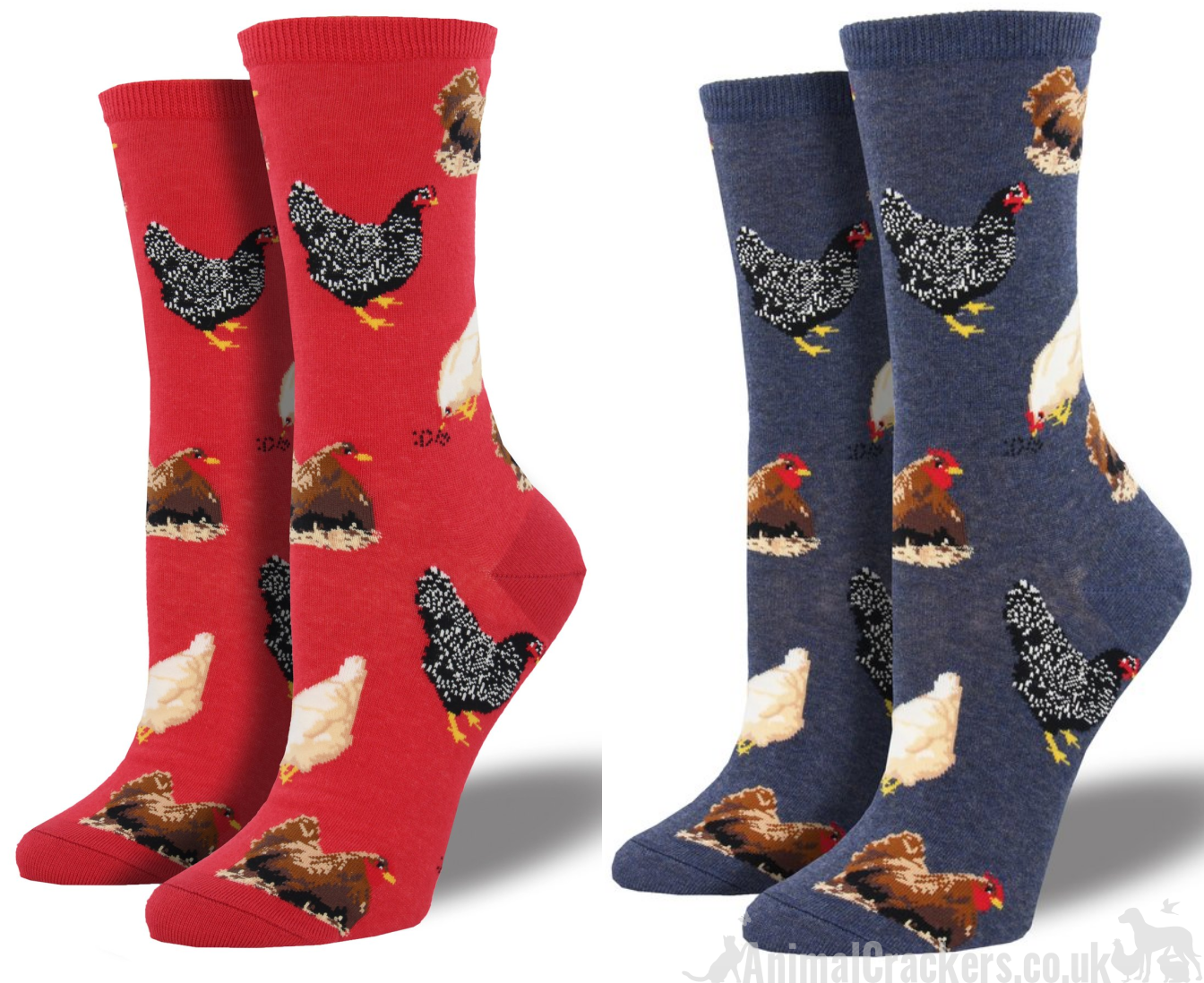 Womens Socksmith novelty Hen design socks in Red or Denim Blue, One Size, great Chicken lover gift and stocking filler