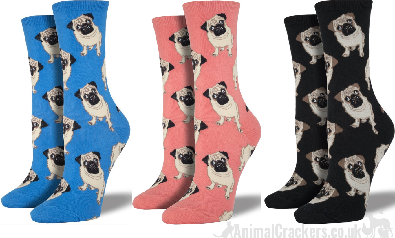 Womens quality cotton mix socks from Socksmith, Pug design socks in Blue, Pink or Black, One Size, novelty Pug Dog lover gift stocking filler