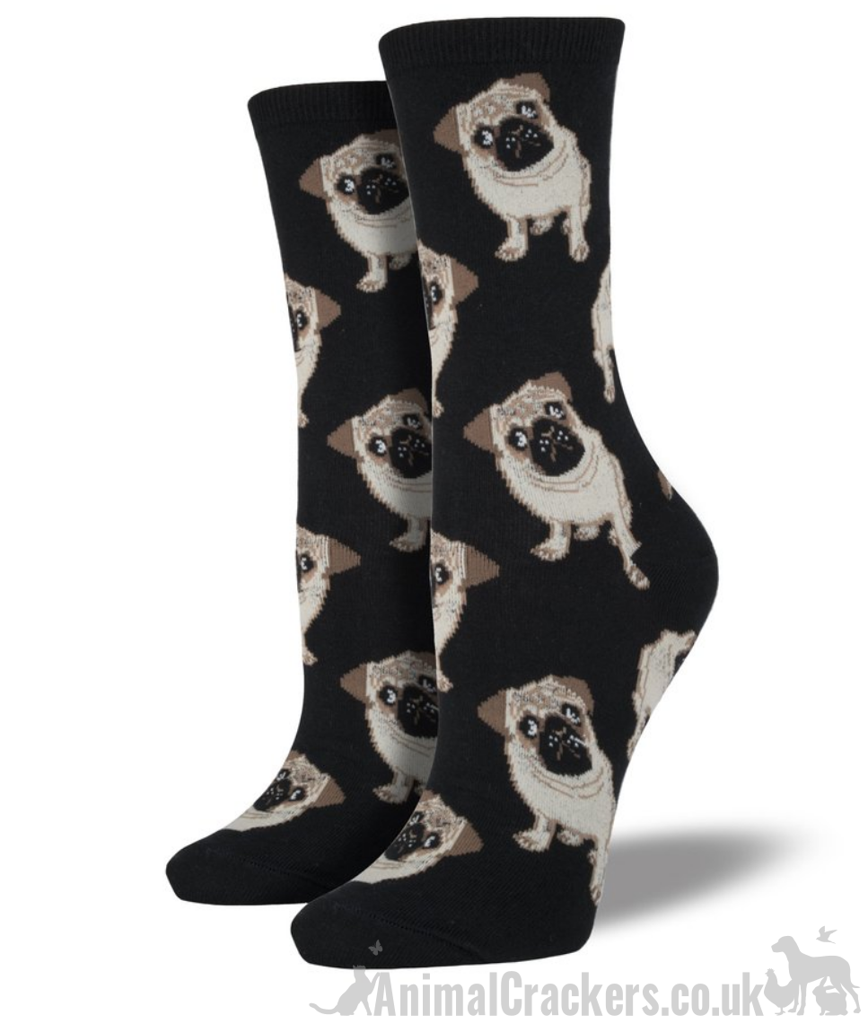 Womens quality cotton mix socks from Socksmith, Pug design socks in Blue, Pink or Black, One Size, novelty Pug Dog lover gift stocking filler