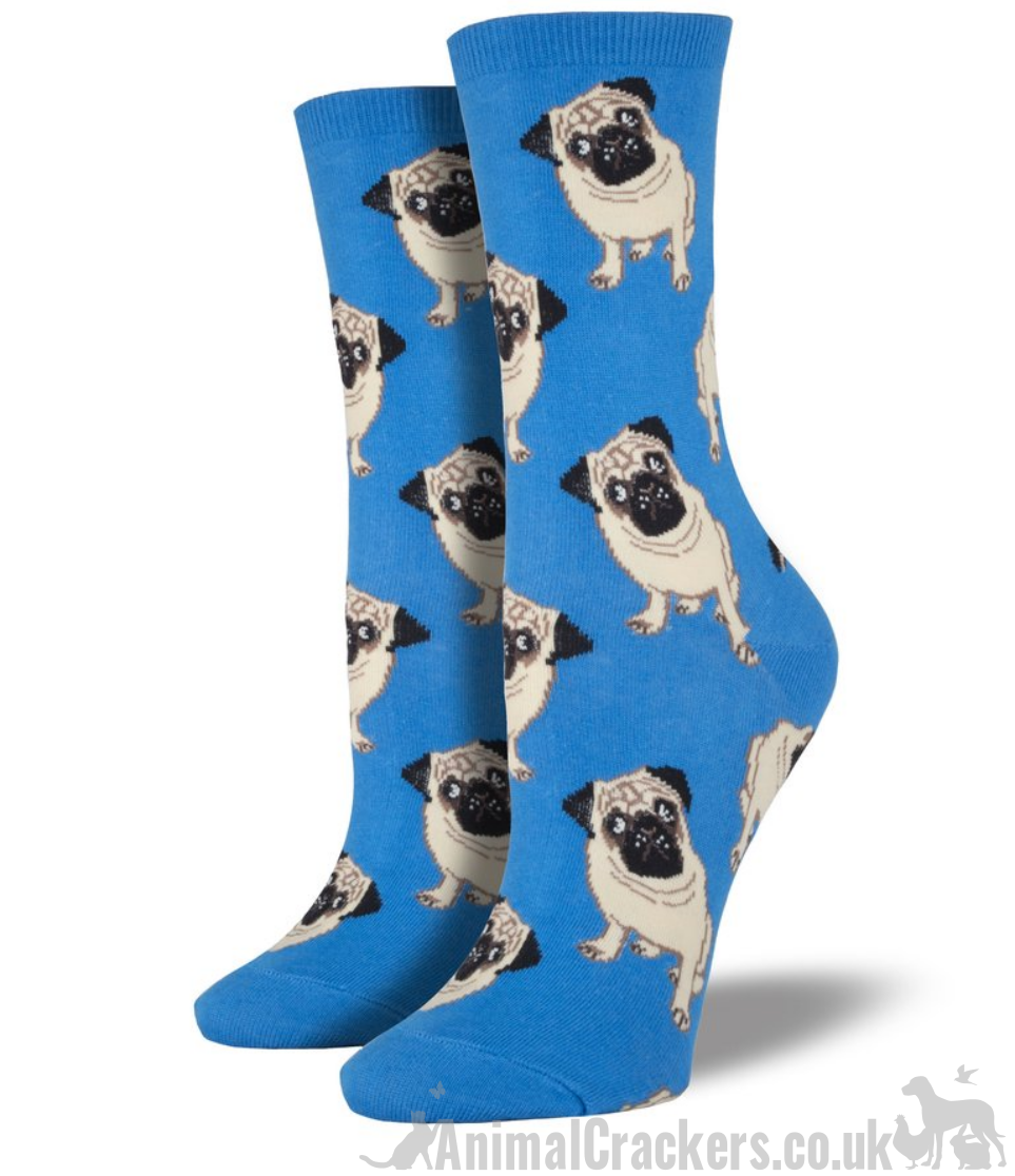 Womens quality cotton mix socks from Socksmith, Pug design socks in Blue, Pink or Black, One Size, novelty Pug Dog lover gift stocking filler