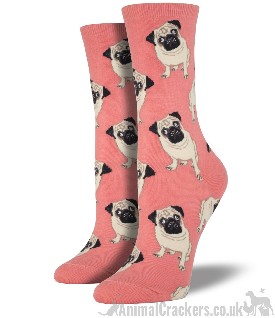 Womens quality cotton mix socks from Socksmith, Pug design socks in Blue, Pink or Black, One Size, novelty Pug Dog lover gift stocking filler