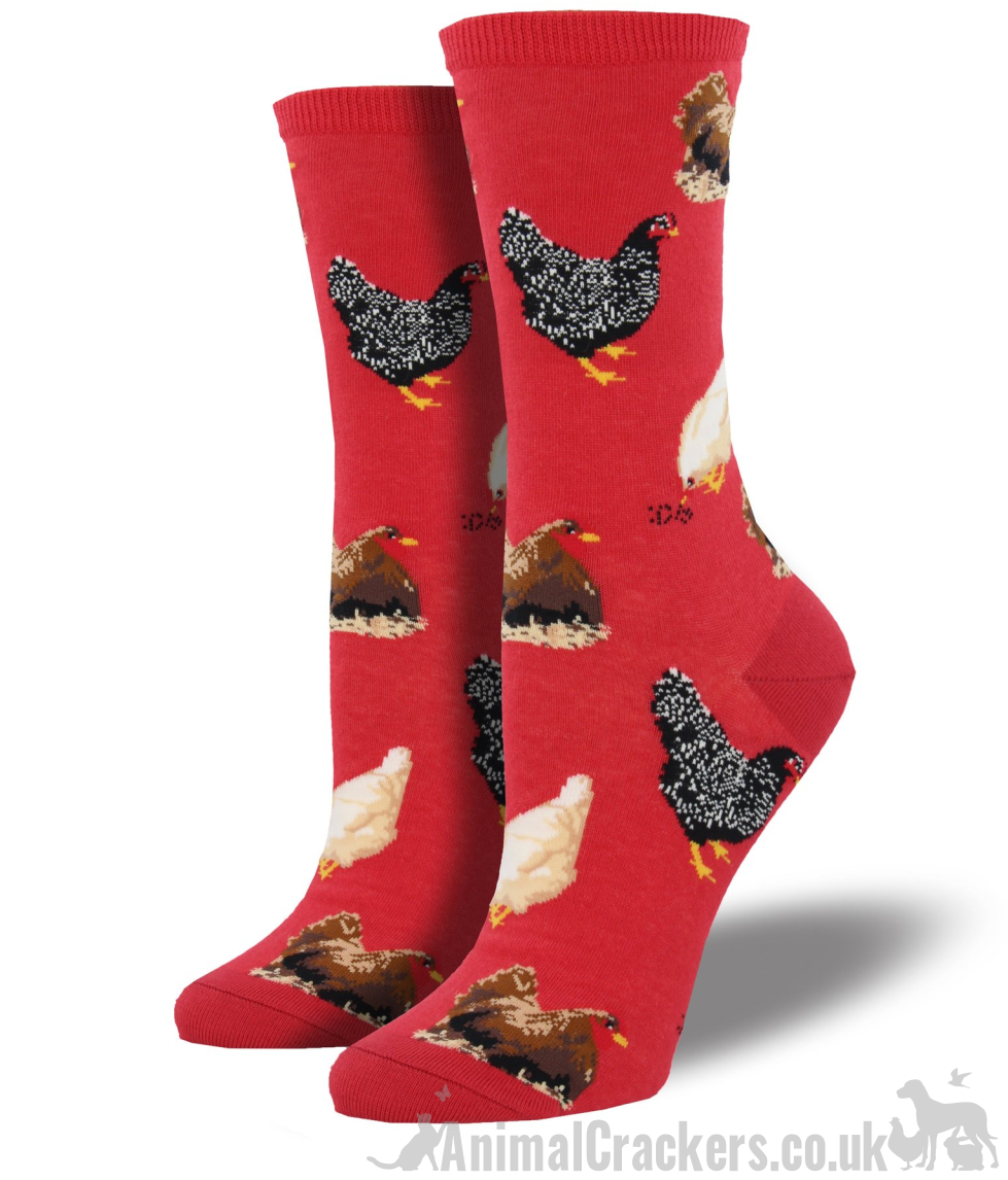 Womens Socksmith novelty Hen design socks in Red or Denim Blue, One Size, great Chicken lover gift and stocking filler