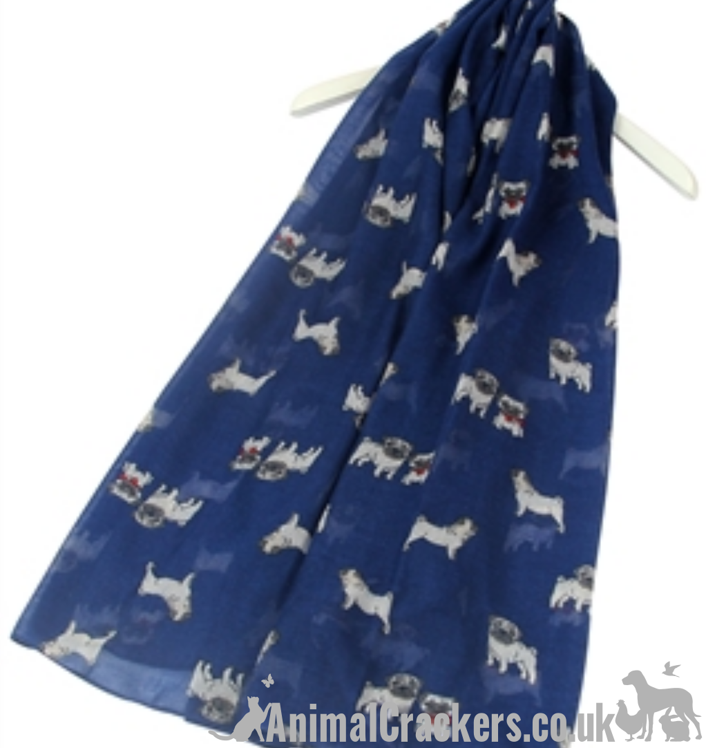 Ladies Pug Dog print lightweight cotton mix scarf sarong in choice of colours