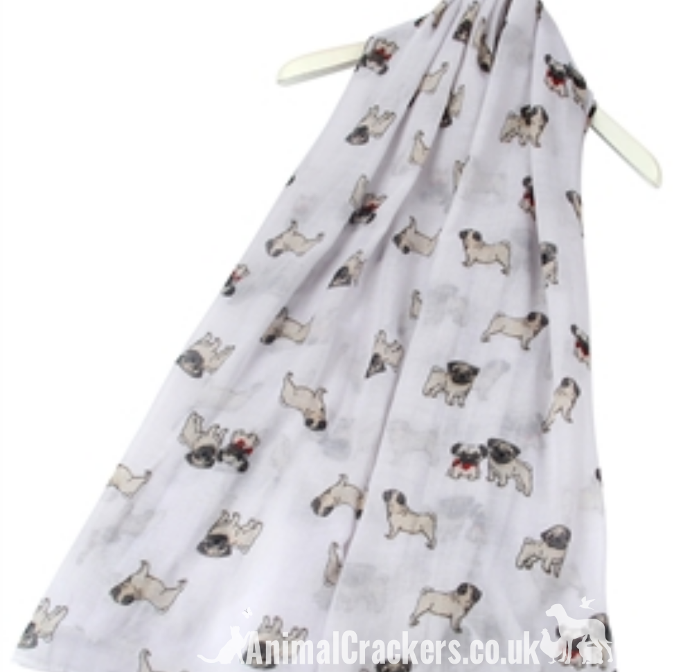 Ladies Pug Dog print lightweight cotton mix scarf sarong in choice of colours